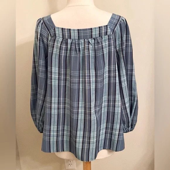 LC Lauren Conrad Teal Green Plaid Square Neck Balloon Sleeves Peasant Top Size M - Picture 11 of 15